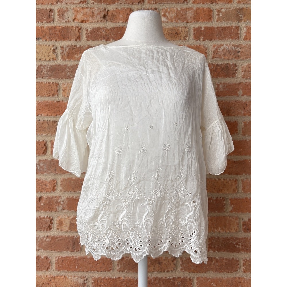 White 100% Silk Eyelet Embroidered Bell Sleeve Blouse S Italy Costal Lagenlook